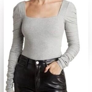 Elodie White Long Sleeve Square Neck Ruched Ribbed Knit Stretch Top Blouse Small